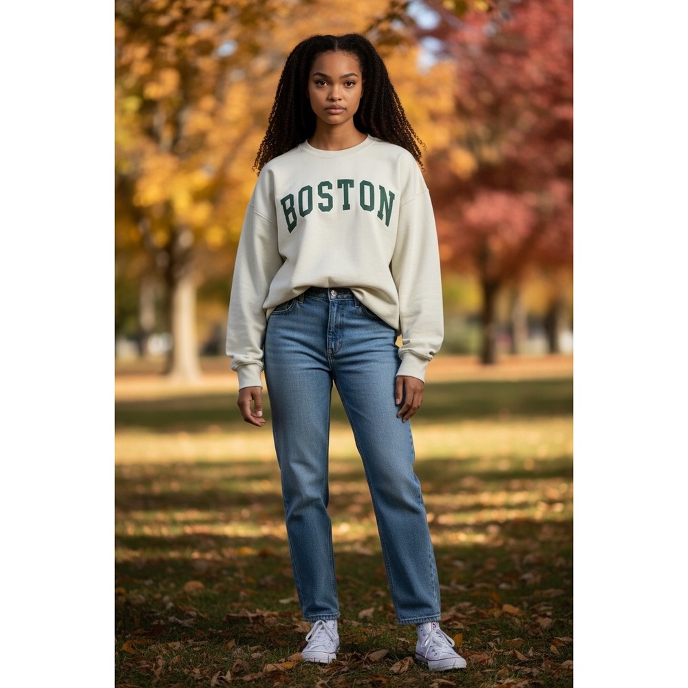 John Galt Boston Oversized BostonCrewneck Sweatshirt Cream Graphic Pullover